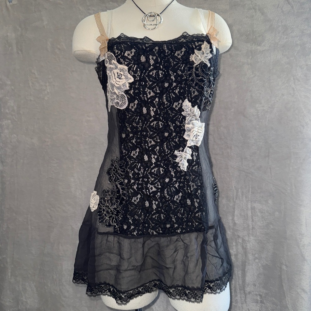 Y2k VTG Victoria's Secret Sheer Black Floral Lace Silk Slip Dress M grunge fairy